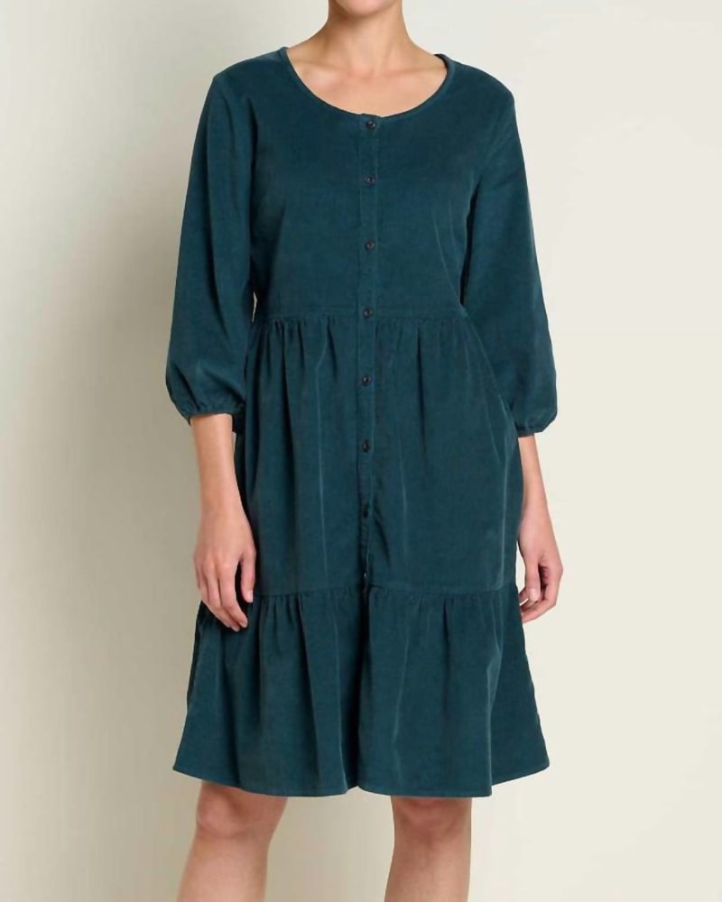 Front of a model wearing a size Large Scouter Cord Tiered Long Sleeve Dress In Midnight in Midnight by TOAD&CO. | dia_product_style_image_id:342822
